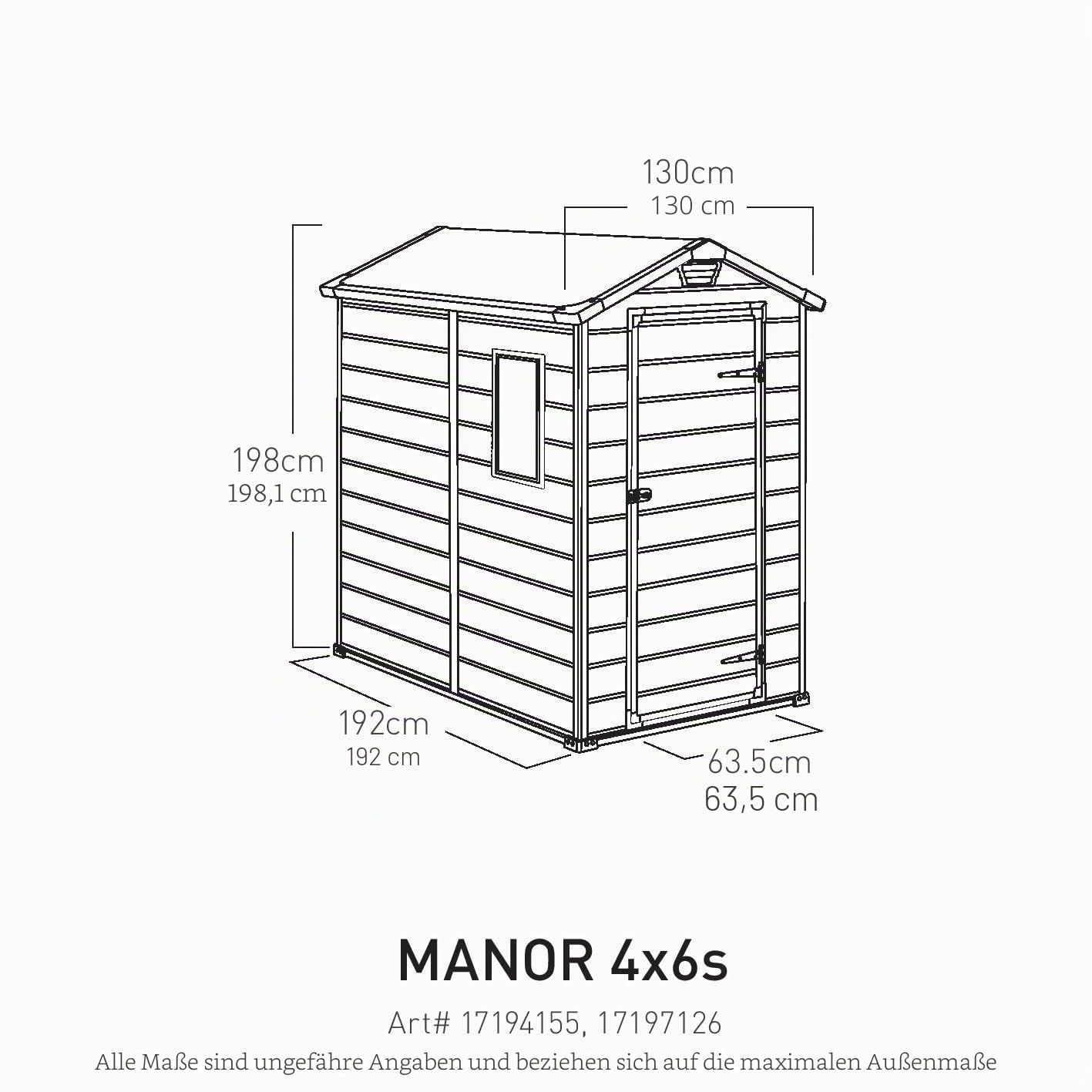 Keter Manor 4x6 Gartenhaus, kompakt & wartungsfrei, wetterfest, mit Bodenpaneel & Belüftung, Dunkelgrau, Maße: 130 x 192 x 198 cm