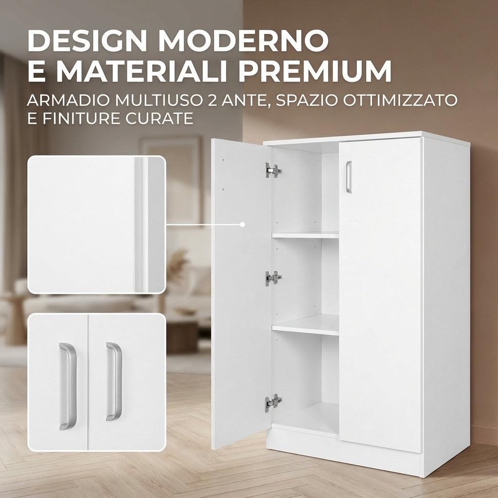 HEMAX Mobile Multiuso con 2 Ante e 3 Ripiani Interni, Armadietto – Bianco