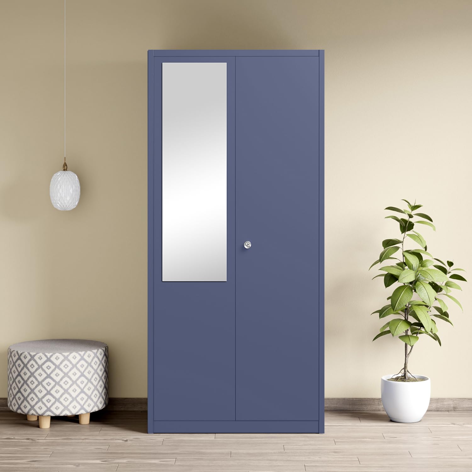 Interio by Godrej Errol 2-Door Steel Almirah with Mirror | Textured Phiroja Blue, 1-Year Warranty, 1 Locker, 1 Drawer, 5 Shelves