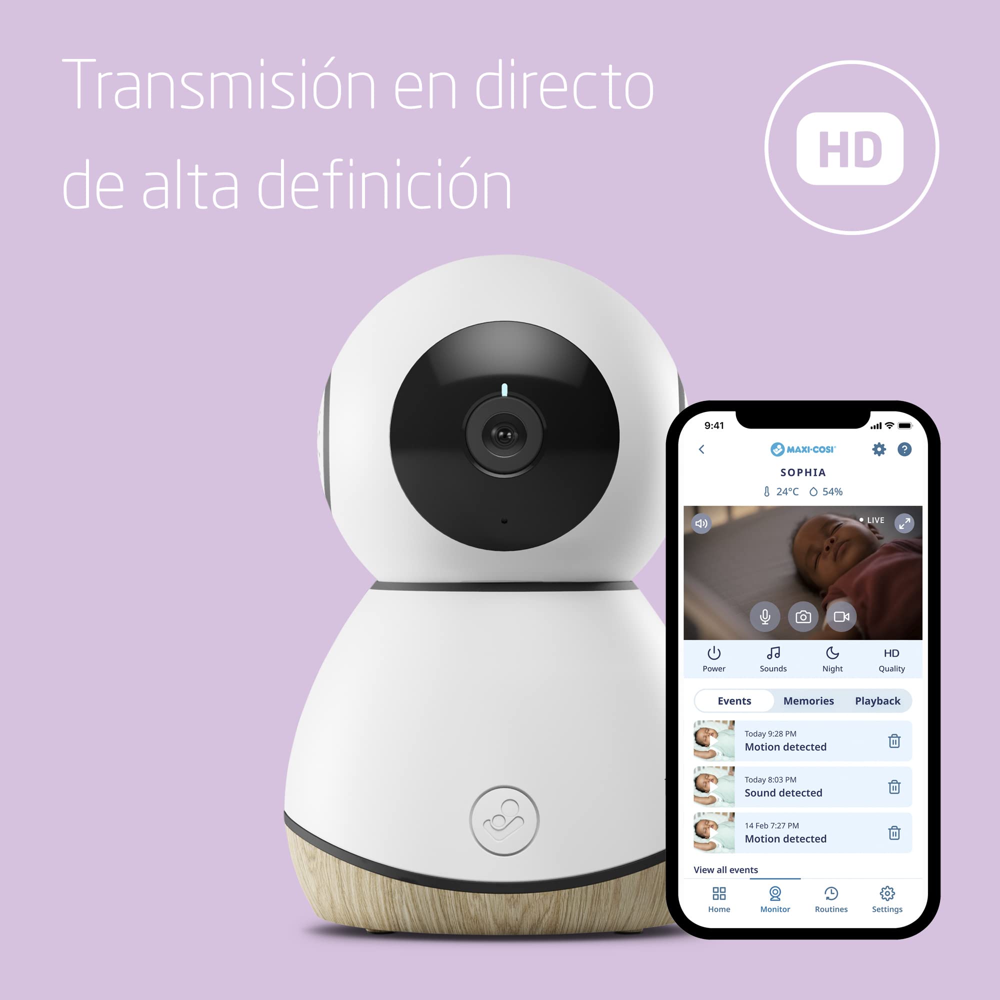 Maxi-Cosi See Cámara Vigilancia bebes wifi interior, Vigilabebes con cámara vision nocturna HD, vídeo y audio, sensor de movimiento y sonidos relajantes, detecta temperatura y humedad de la habitación