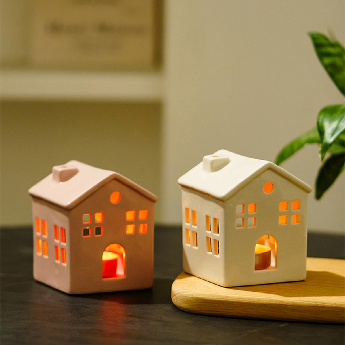 Hollowed Ceramic Village House Tealight Candle Holder for Home Fireplace Mantel Table Centerpiece Winter Holiday Christmas Decorations (White)