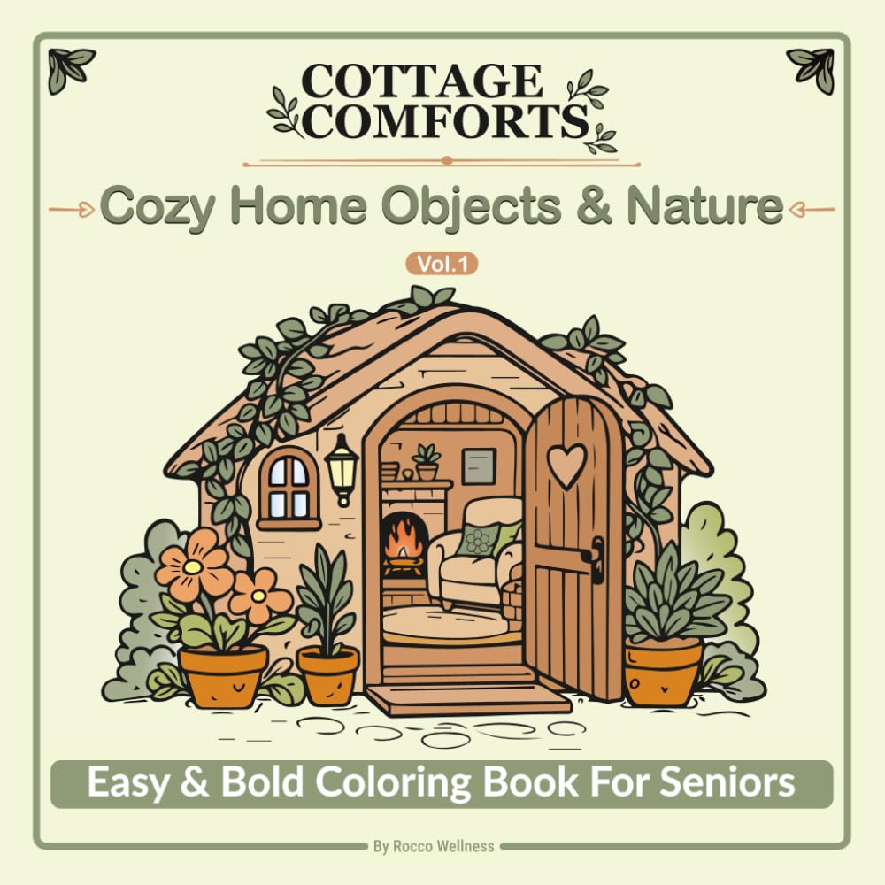 Cottage Comforts: Cozy Home Objects & Nature: Easy & Bold Coloring Book for Seniors with Large, Simple Designs for Relaxation