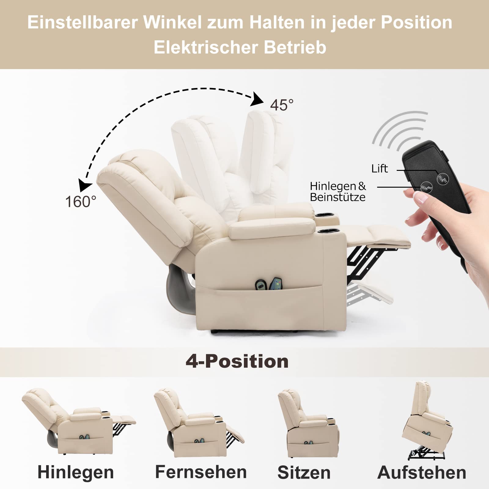 COMHOMA elektrischer Aufstehsessel, Relaxsessel Fernsehsessel Massagesessel mit Liegefunktion Sessel mit Aufstehhilfe Powerlift-Liegestuhl für ältere Menschen (Beige)