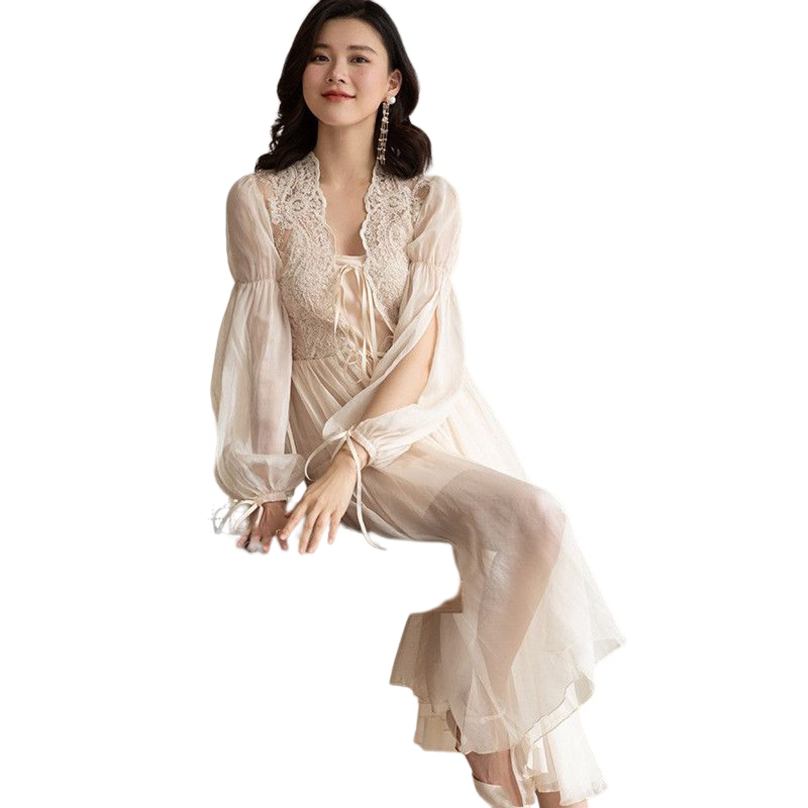 OFFSUM Camisón De Pijama De Mujer - Elegante Primavera Verano Dulce Ropa De Dormir Princesa Novia Boda Bata Encaje Translúcido Dama De Honor Albornoz Loungewear,Albaricoque,M