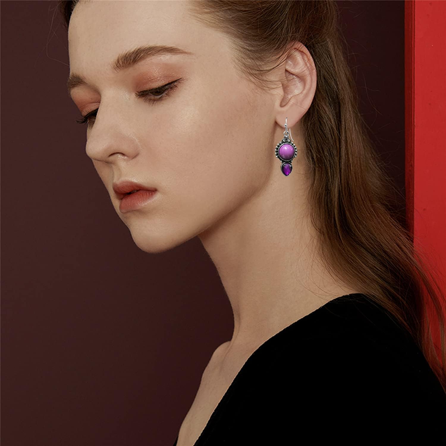 ANDPAI Unique Bohemian Handmade Vintage Silver Lightweight Purple Stone Teardrop Dangle Drop Earrings for Women Statement Geometry Jewelry Gifts - Image 5