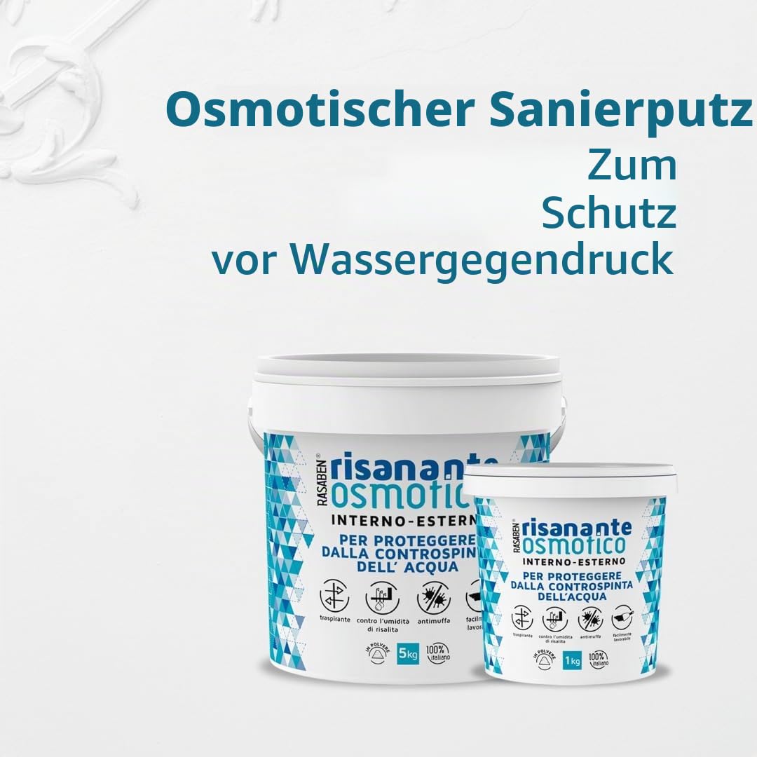 Osmotischer Sanierputz 5 kg – Dichtschlämme gegen Feuchtigkeit, Spachtelmasse zur Abdichtung von Wänden und Böden, schimmelhemmend, atmungsaktiv, für Innen- und Außenbereich, Made in Italy