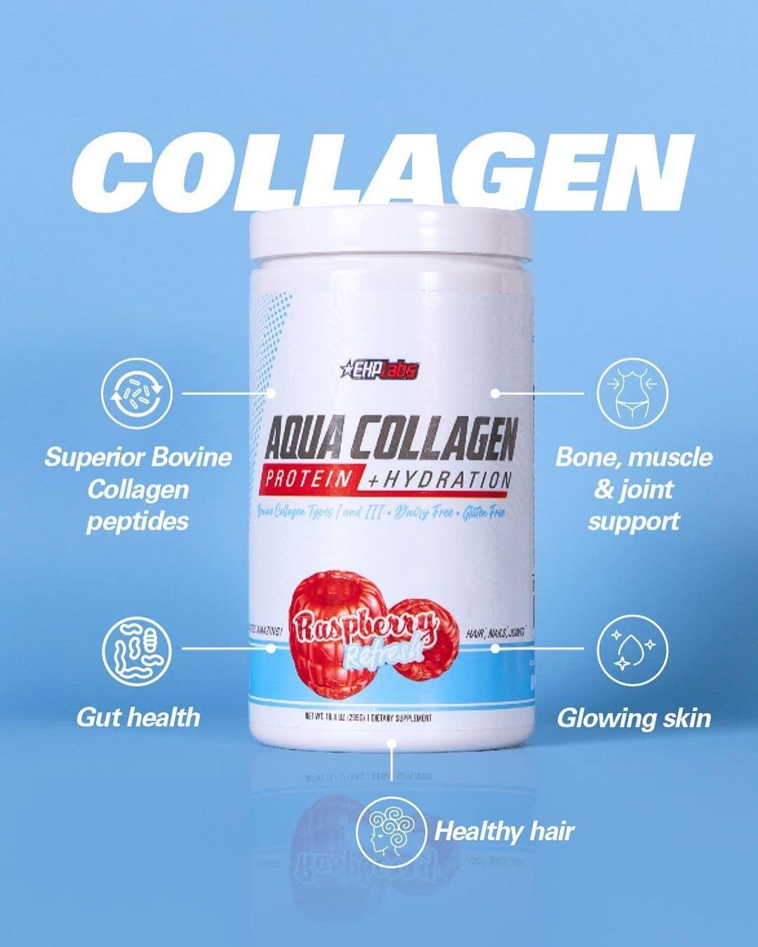 EHPlabs Aqua Hydrolyzed Collagen Peptides Powder - 10g of Protein per Serving, Hydration & Gut Health Support, Grass Fed Pasture-Raised Bovine Collagen, Type I & III