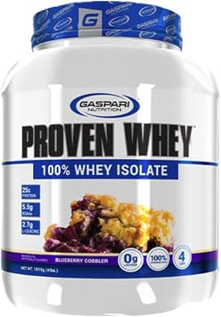 Gaspari Nutrition Proven Whey, 100% Hydrolyzed Whey Isolate, High Protein, Lactose Free, Low Carbohydrate and Low Sugar Blueberry Cobbler, 4 Pound Pack of 1