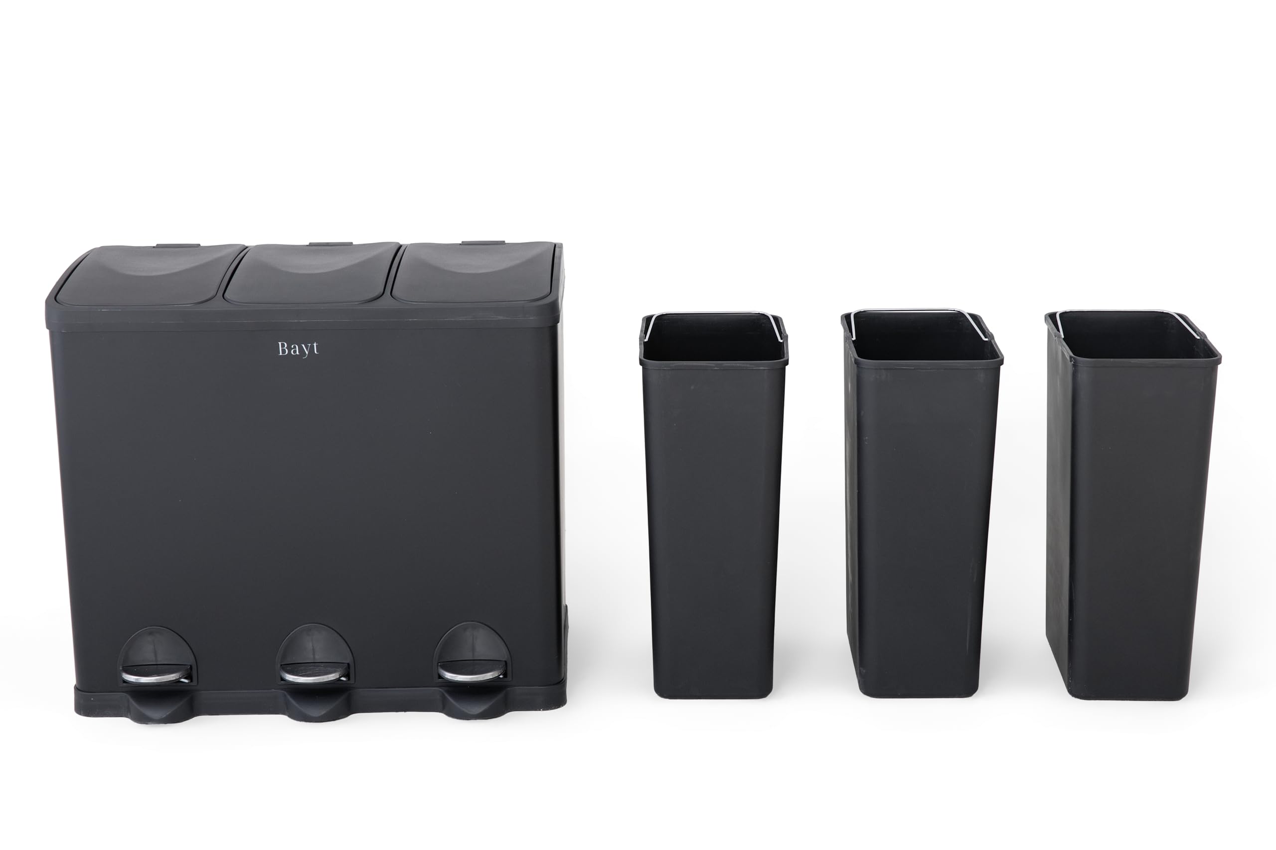 Bayt Cubo de Basura 60L (3 x 20L), Contenedor de Reciclaje para Cocina con 3 Compartimentos, Acero Inoxidable Negro, Pedales, Cubos Interiores, Negro
