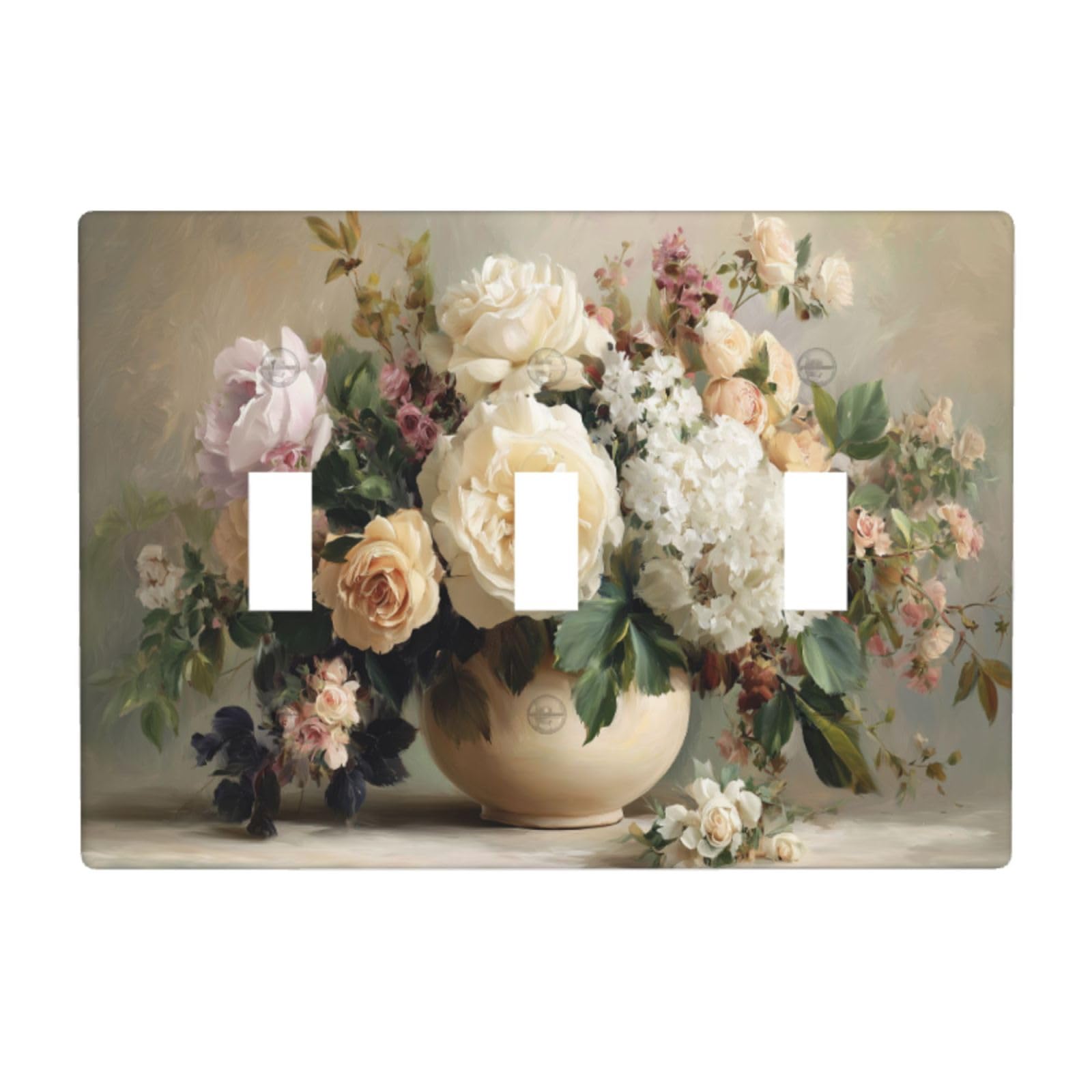 Woshuwo White Bouquet Of Flowers In A Round Cream Vase Light Switch Covers 3 Gang Triple Toggle Wall Plate Switchplate Electrical Faceplate For Bathroom Kitchen Bedroom Decor