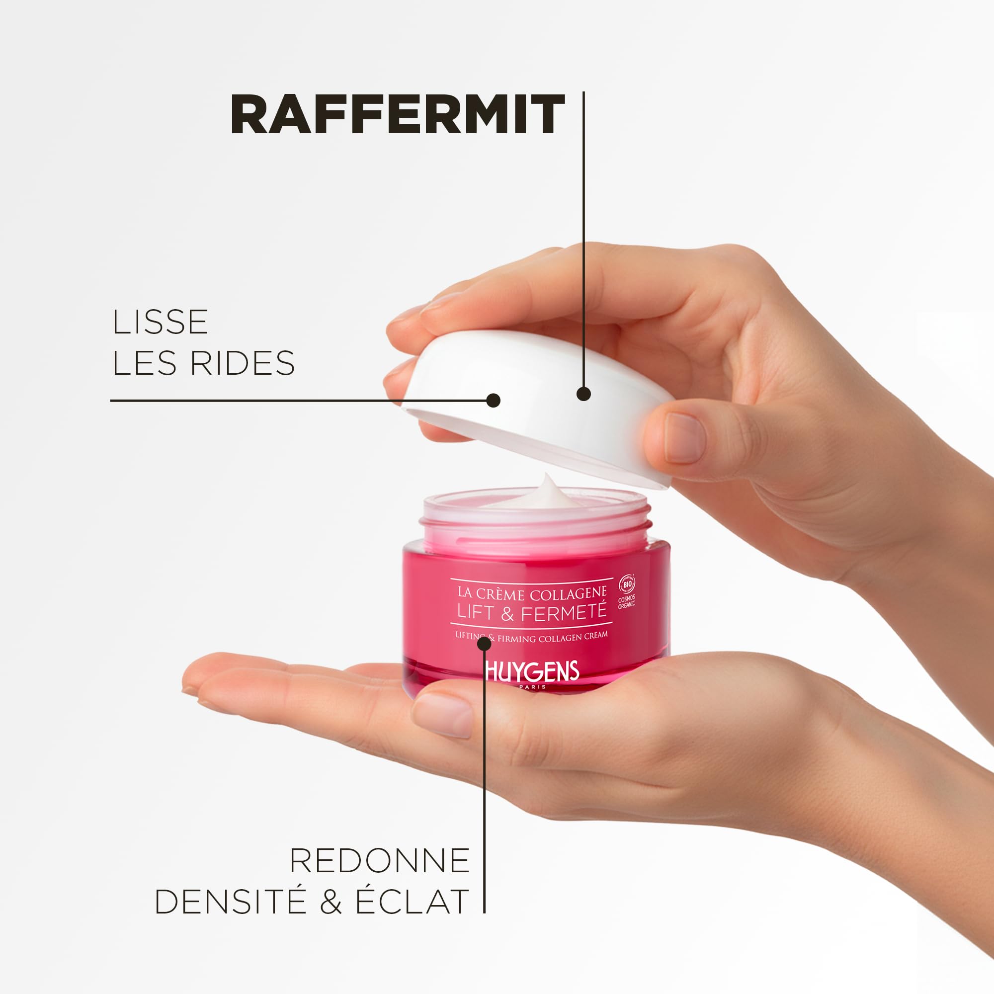Huygens - Crème Collagène Lifting et Raffermissante Visage et Cou à l’Acide Hyaluronique et à l’Aloe Vera – Soin Hydratant Anti-Rides – 99% Naturelle – Vegan – Fabriquée en France, 50 mL