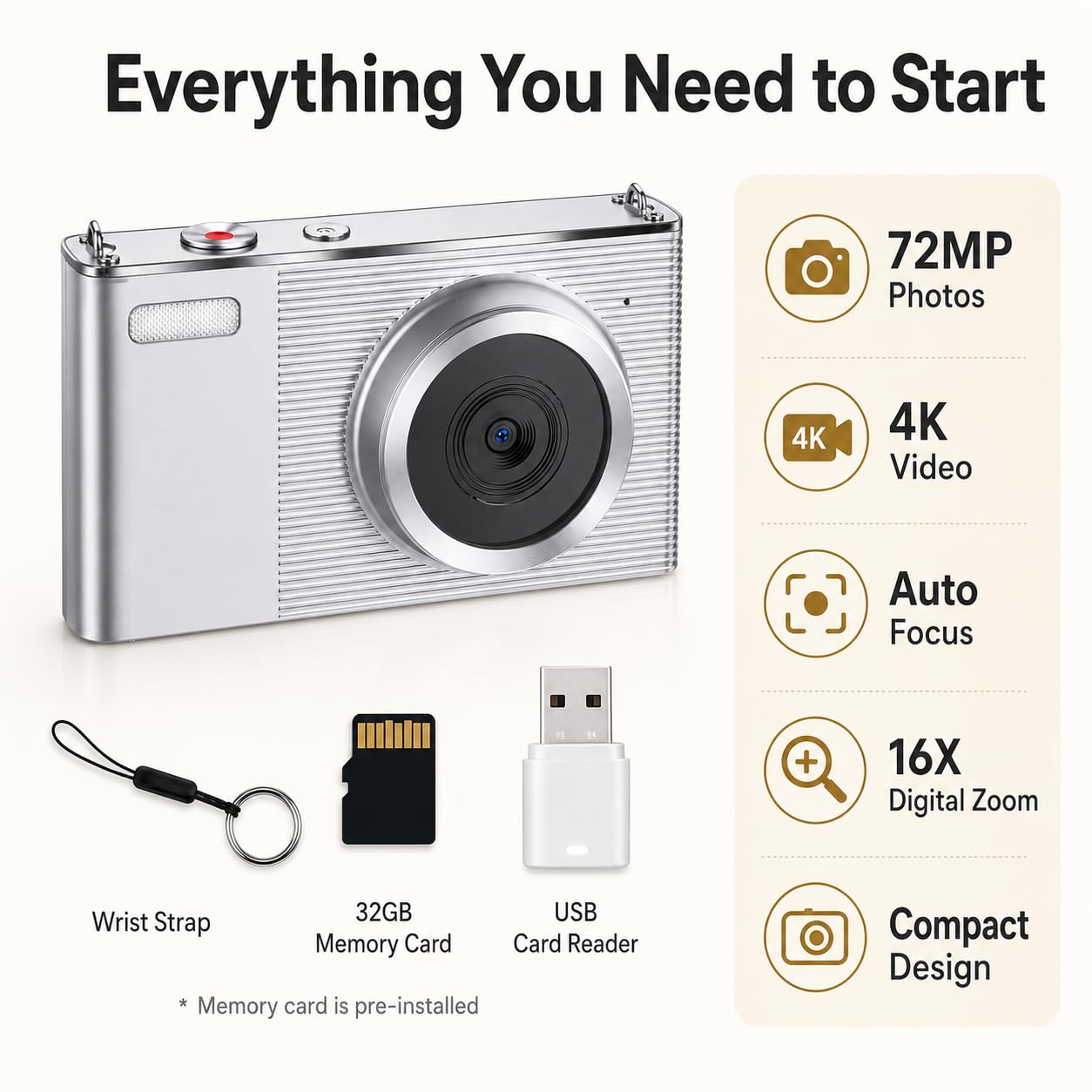 Fotocamera digitale per fotografia, fotocamera 4K 72MP Vlogging, autofocus Point and Shoot fotocamera digitale per adolescenti adulti principianti zoom 16x, scheda 32 GB, argento