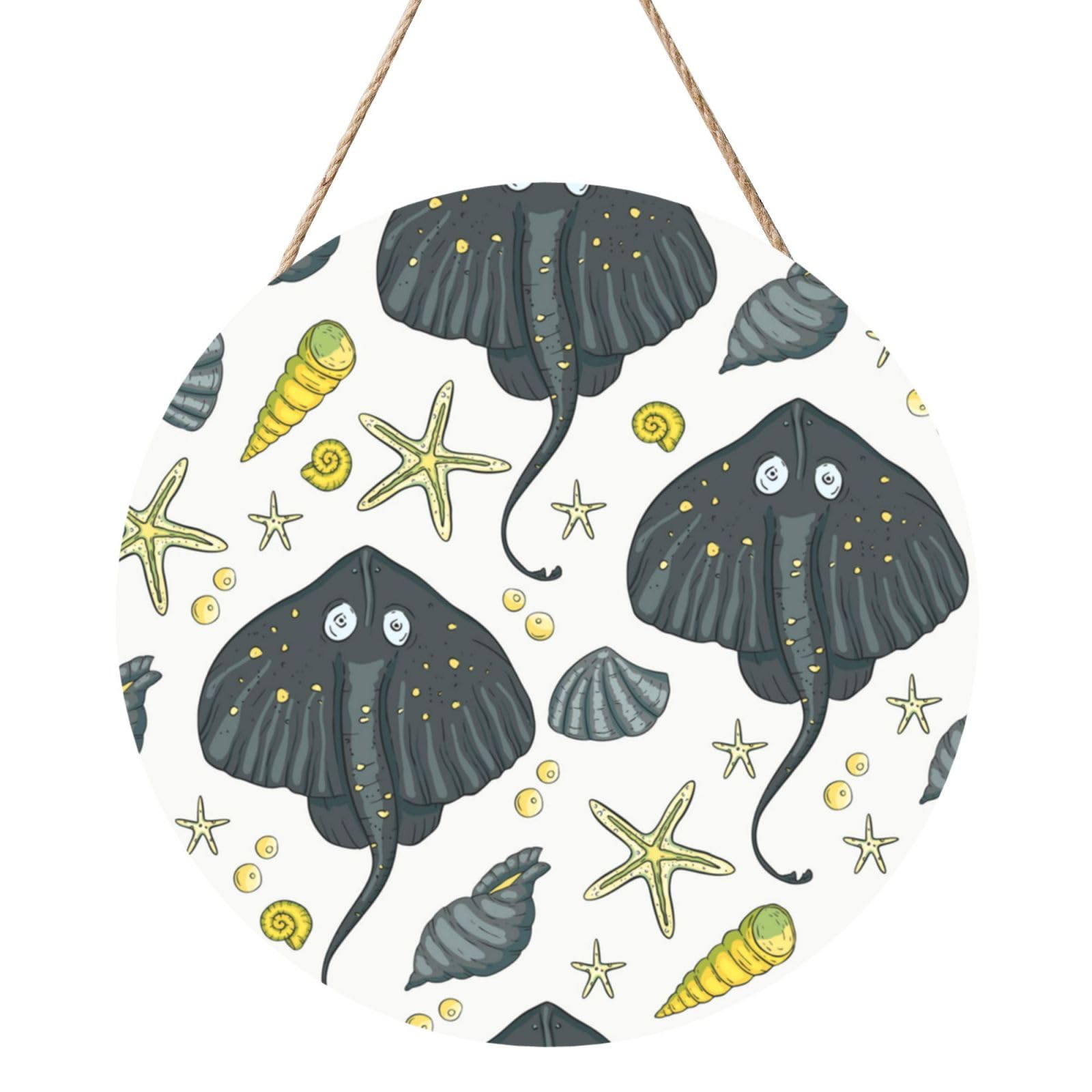 InOmak Marine Life Stingray, Round Wood Panel Painting 12 in, Wall Hanging Painting For Home