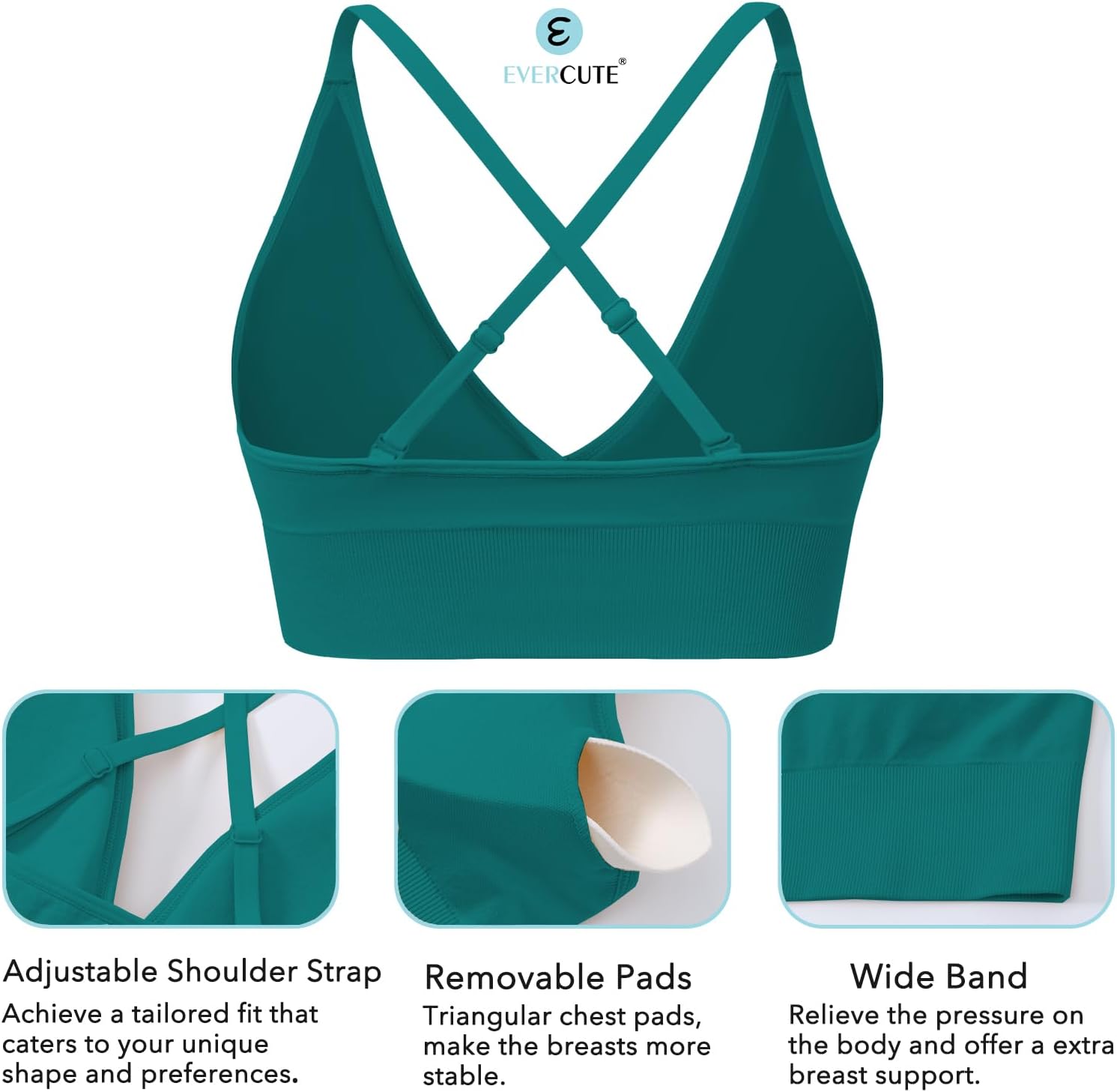 Evercute Women's Sports Bras 3/4 Pack Adjustable Deep V Neck Bras Wireless Spaghetti Strap Criss Cross Padded Low Support Bra - Image 4