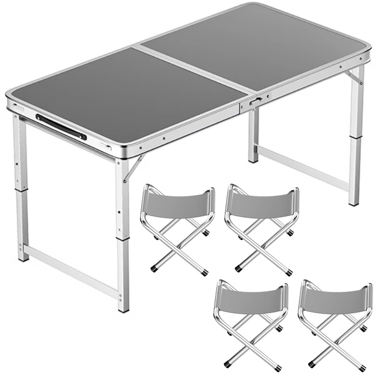 Aluminiowy składany stół o regulowanej wysokości, przenośny stół kempingowy z uchwytem, idealny na imprezę biurową, piknik, ślub, 100 x 50 cm, szary + 4 stołki