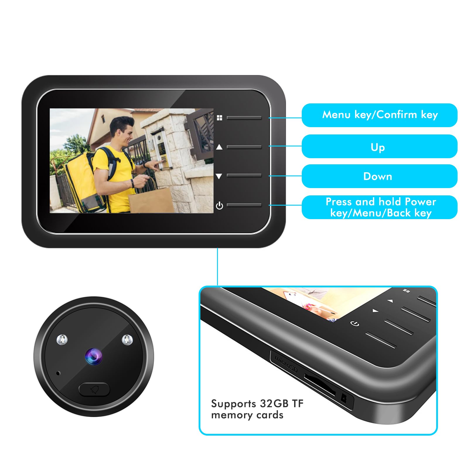 Inteligentny wizjer do drzwi 2,4 cala z kamerą i dzwonkiem do drzwi, szeroki kąt widzenia 120°, noktowizor na podczerwień, obraz HD 0,3 MP, automatyczne nagrywanie, pamięć 32 GB, do drzwi o