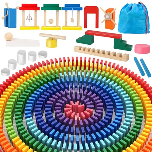 BuntWunder 600 peças dominó conjunto de blocos de madeira, conjunto de fichas de dominó de madeira com saco, 24 blocos de construção, brinquedo educativo para crianças 3 4 5 (600 peças)