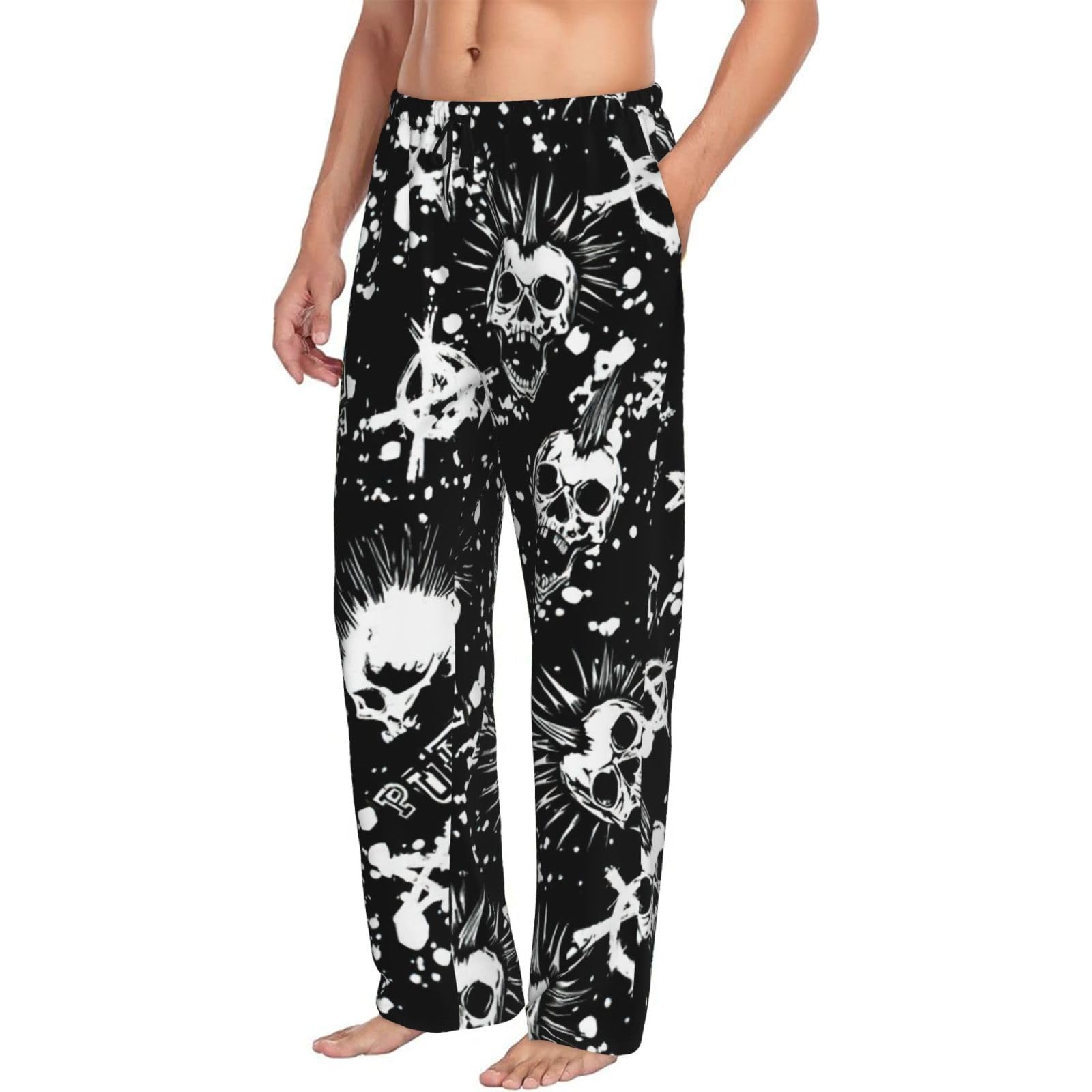 Men's White Punk Skull Print Sleepwear Pajama Pants,soft Drawstring Lounge Sleep Pants with Pockets