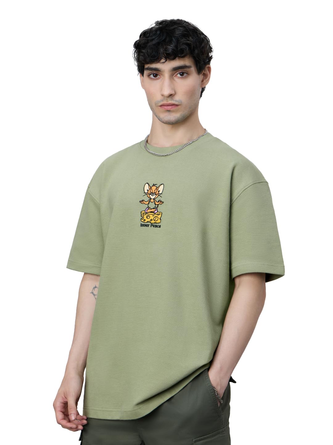 Tom & Jerry Ottoman: Inner Peace Men and Boys Short Sleeves Round Neck Green Embroidered Cotton Oversized T-Shirts-image-18