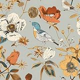 PODUFF Flowers and Birds Wallpaper Peel and Stick, Vintage Wallpaper for Home Decor, Oranges/Blues/Earthy, 17.7in x 118in