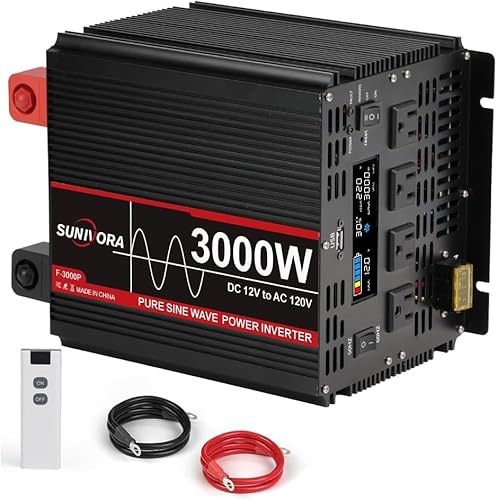 Image of Sunivora 3000W Pure Sine Wave Power Inverter 12V DC to 110V AC Converter Peak Power 6000W Car Inverter with 4 AC Outlets, 1 USB Port, Cables Included & Remote Controller for RV Truck Off-Grid Solar