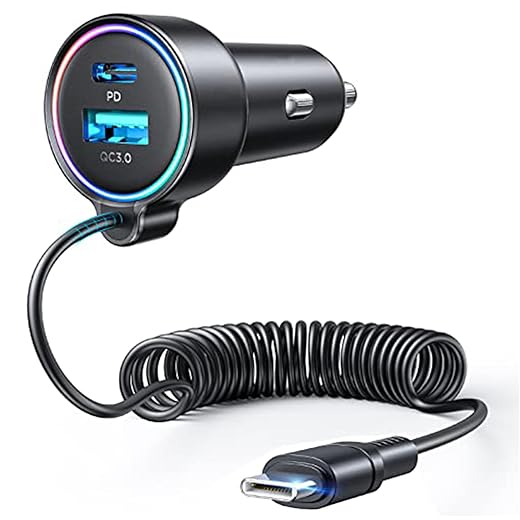 USB C 60W Super Fast Car Charger PD& QC3.0 with 5ft 30W Type C Coiled Cable, Car Phone Charger Adapter for iPhone 15 Pro Max Plus, Samsung Galaxy S23/S22/S21, Google Pixel/Moto/LG/Android, iPad Pro