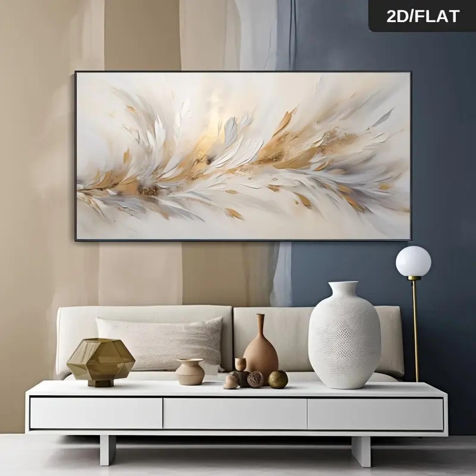 ZHAOLIN Grande toile murale élégante et moderne avec plumes grises dorées abstraites - Peinture contemporaine pour salon, chambre à coucher, 70 x 140 cm, sans cadre