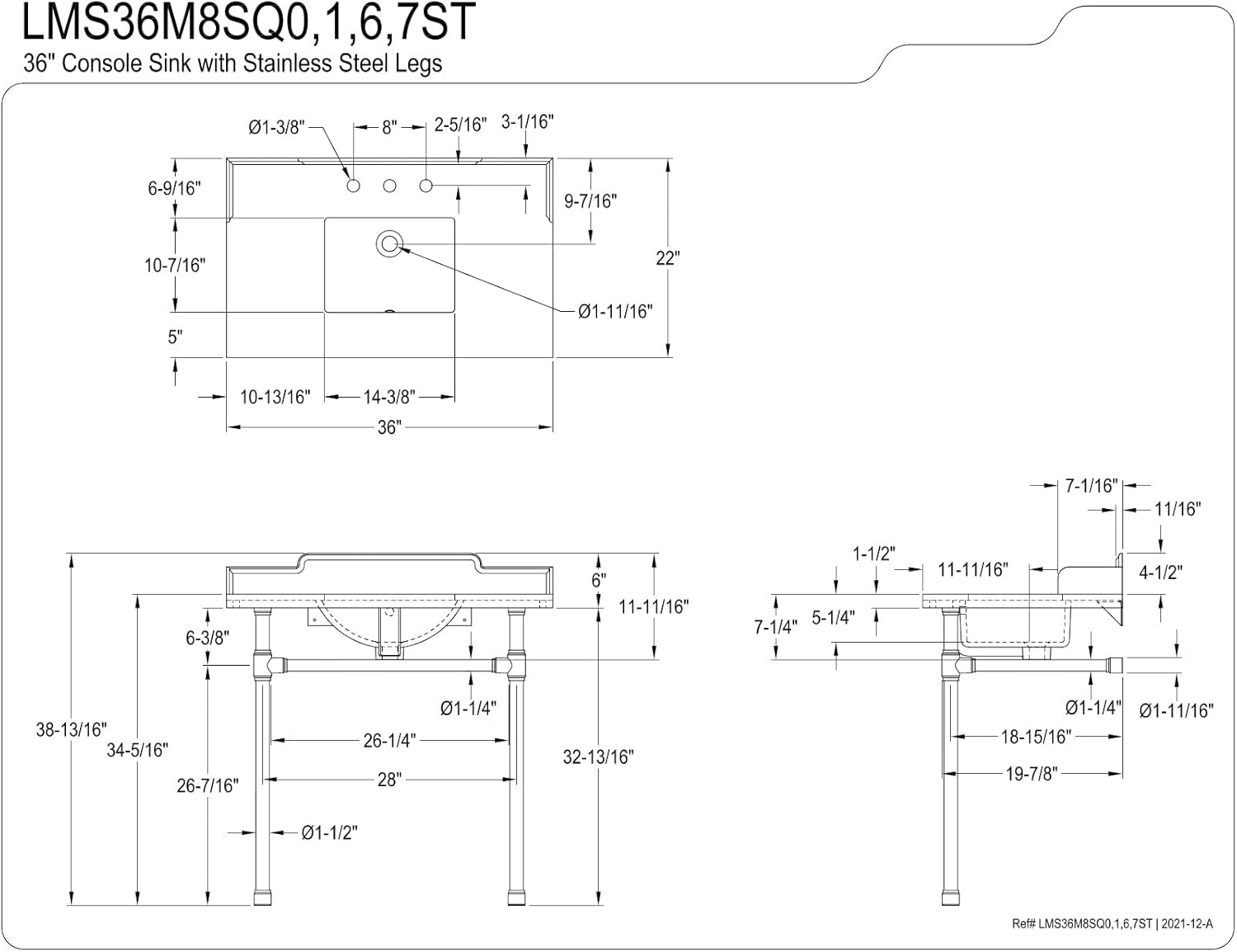 Kingston Brass LMS36M8SQ7ST Wesselman 36" Carrara Marble Console Sink with Stainless Steel Legs, Marble White/Brushed Brass