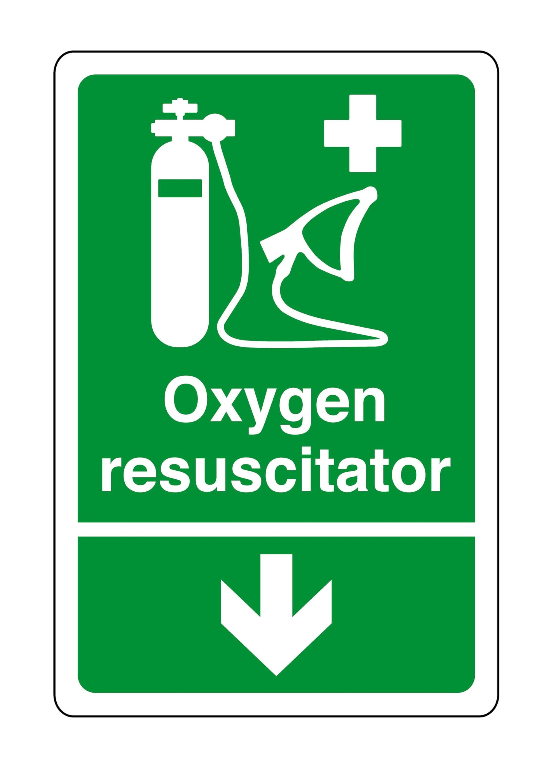 Safety First Display Ltd Green/White Oxygen Resuscitator Arrow Down - Safety Sign, Health & Safety Signage, Workplace Safety, High Tack Self-Adhesive Sticker (150Mm X 100Mm) Viewing Distance Within 3M.
