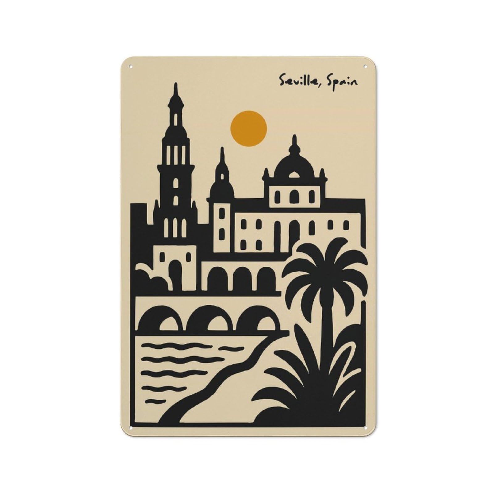 Junmoney Style-7 Tin Wall Plaque 30X20cm With Seville, Spain Cityscape Illustration For Man Cave Or Games Room, A Housewarming Gift For Leisure-Room Decor Enthusiasts