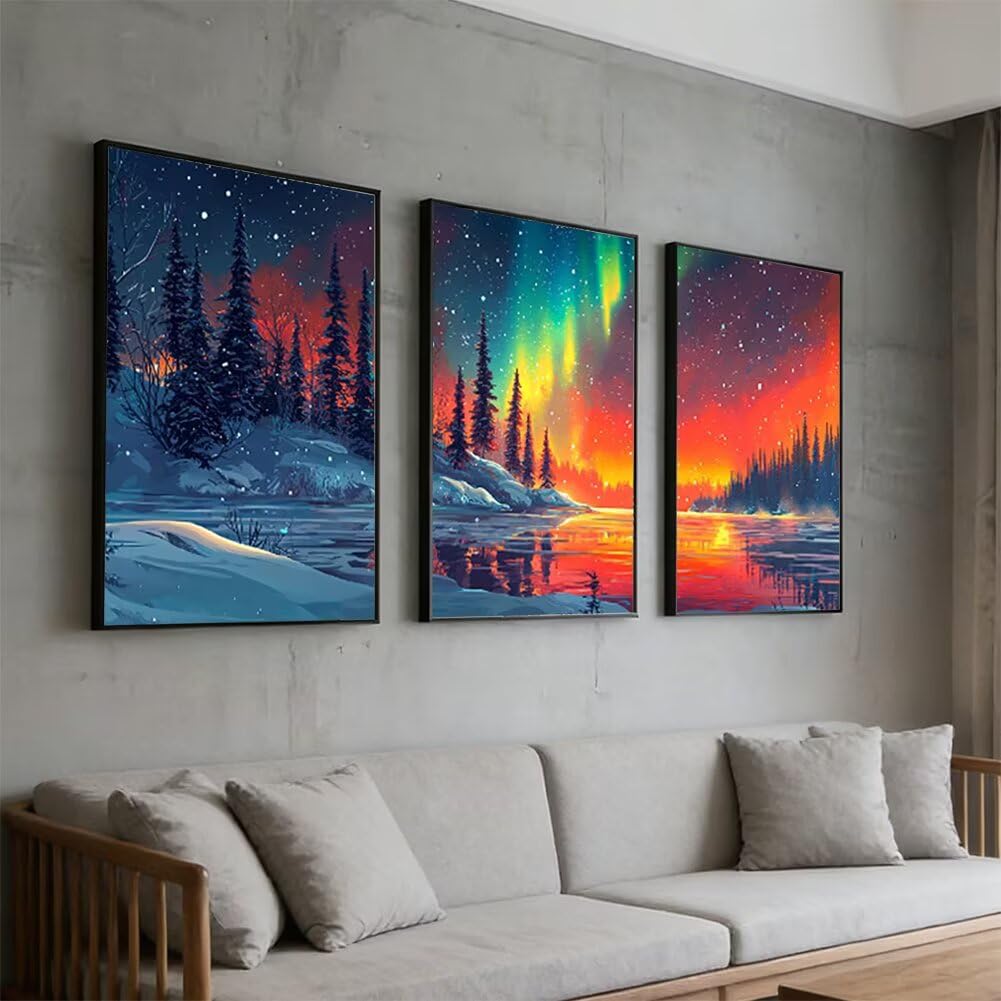 Leinwand Bilder mit Rahmen, 3Pcs Aurora Wandbilder Wohnzimmer Set, 40 x 50 cm x 3 Pcs Leinwand Bilder Landschaft Wanddeko Schlafzimmer, Wandbilder mit Haken für Wanddeko Wohnzimmer, Geschenke, -2269