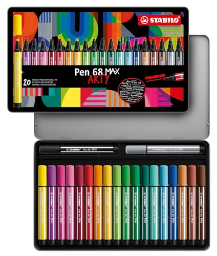 STABILO Pen 68 MAX ARTY - Feutre dessin - Boite métal x 20 feutres de coloriage à pointe biseautée