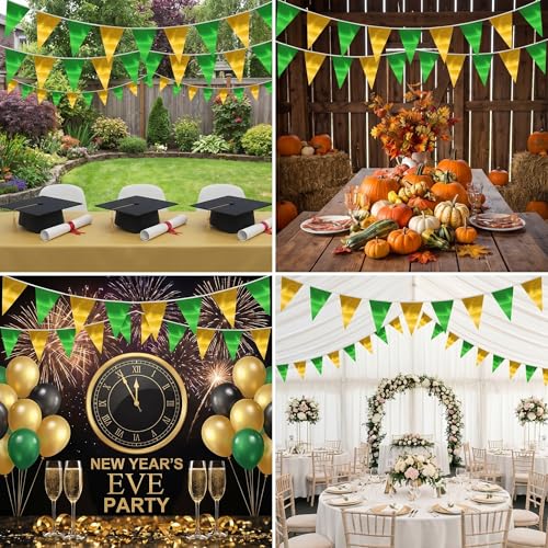 Image of 40M /130FT Green Gold Triangle Pennant Banner Flag Metallic Fabric Bunting Garland for Christmas Graduation Wedding Engagement Anniversary Bachelorette Birthday Bridal Shower Hen Party Supplies