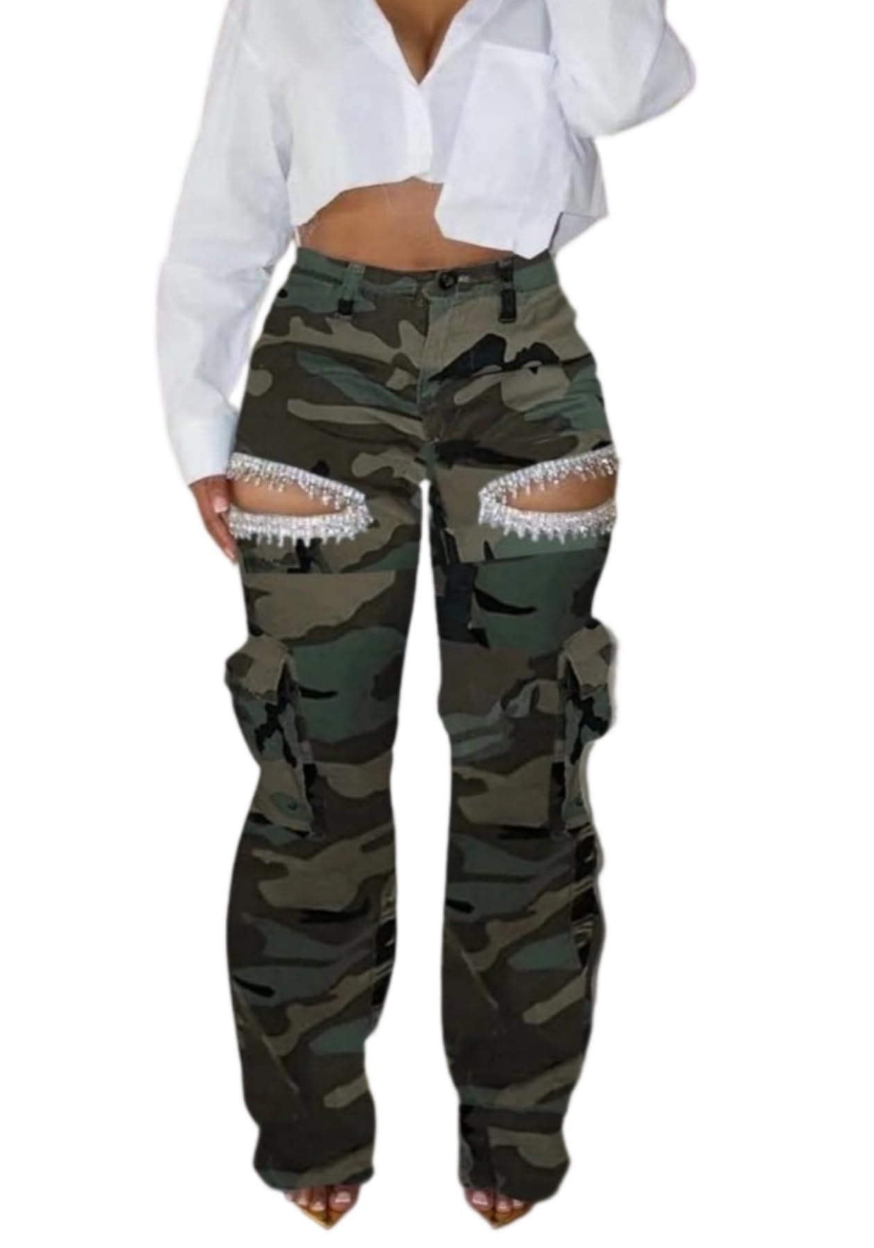 Unybwonn Women Baggy Cargo Jeans Camo Army Fatigue Wide Leg High Waisted Denim Pants Plus Size Camouflage Jean Trousers