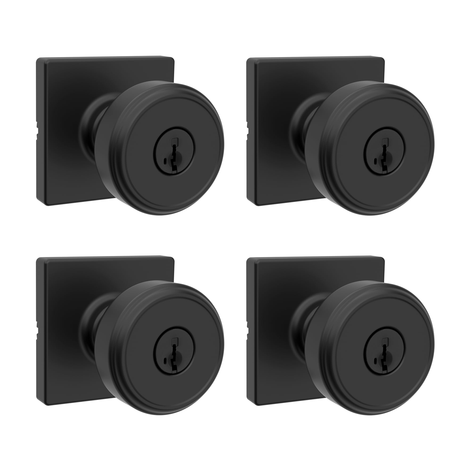 Kwikset Maven Entry Door Knob with Lock and Key, Secure Keyed Handle Exterior, Front Entrance and Bedroom, Matte Black, 4 Pack, Pick Resistant SmartKey Rekey Security and Microban