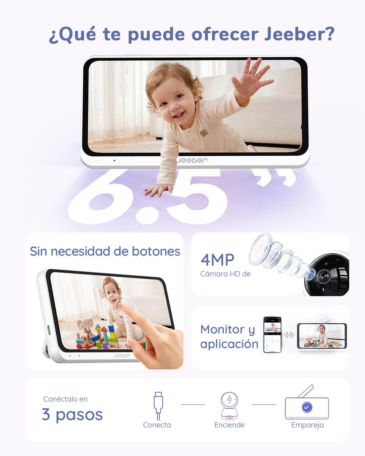 6,5'' 2.5K tactil Camara Vigilancia Bebe con Camara 4MP PTZ y App