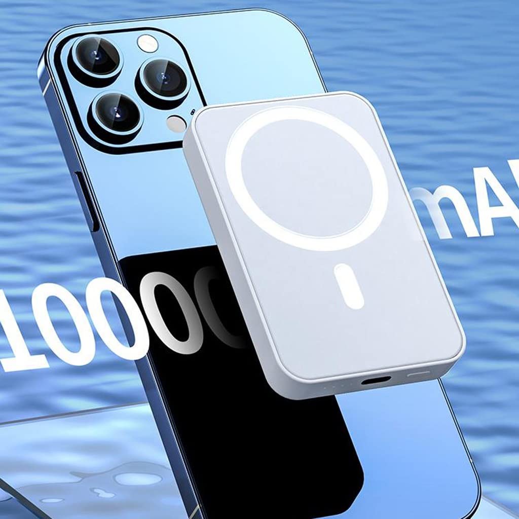 JJJ Banque de Puissance magnétique 10000mAh Grande capacité Mini Charge Rapide sans Fil légère (Color : White)