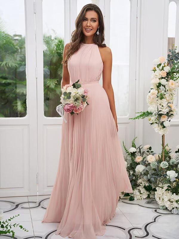 Women's Halter Bridesmaid Dresses Long Flowy A-Line Chiffon Ruffles Formal Evening Gown with Pockets4