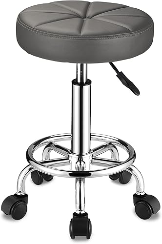 FNZIR Taburete giratorio con ruedas Taburetes rodantes redondos de cuero PU Altura ajustable Blanco