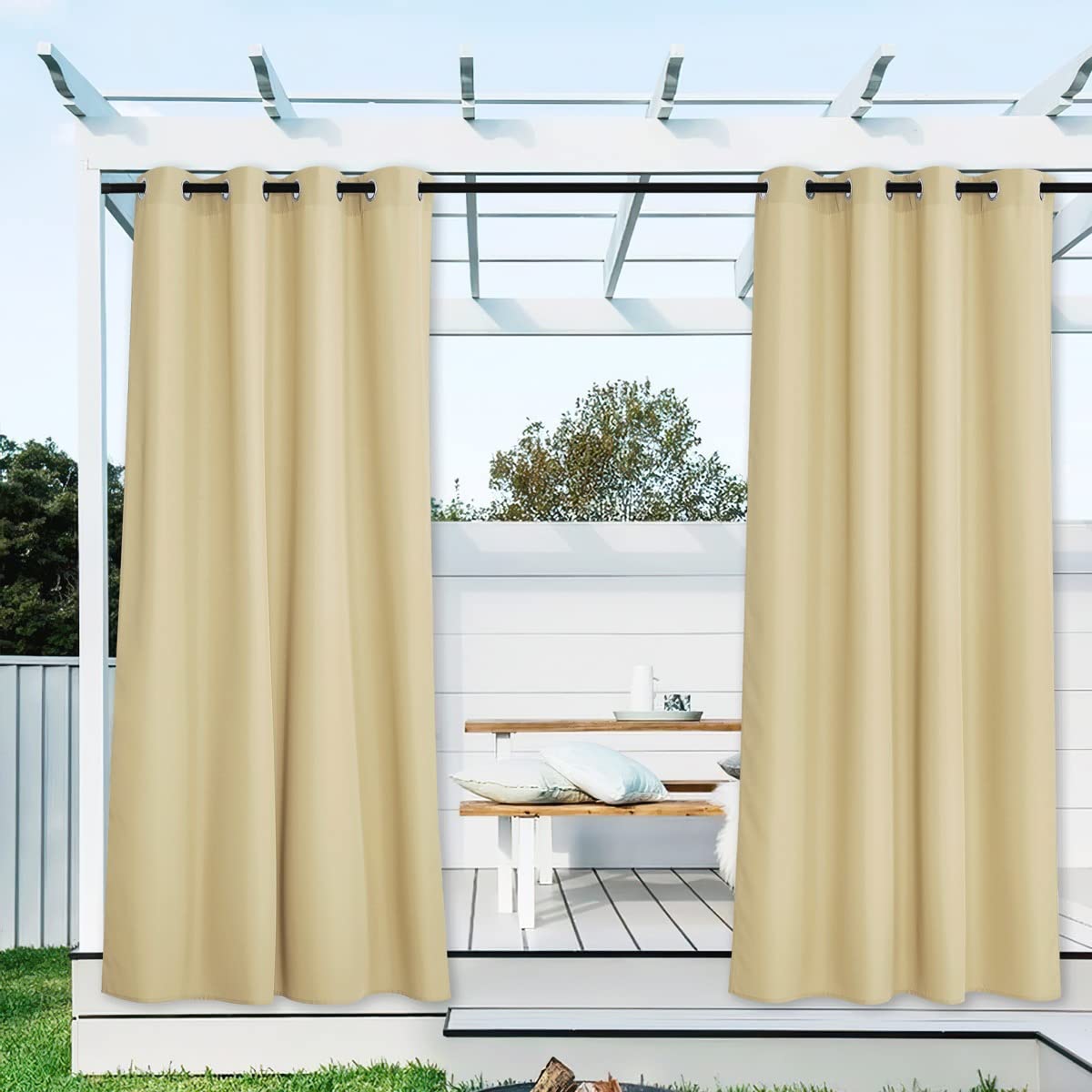 PONY DANCE Tende da Sole per Esterno con Anelli 2 Pezzi L 140 x A 213 cm Curtains Impermeabile Beige per Gazebo e Balconi Tende Termiche per Porta Esterna