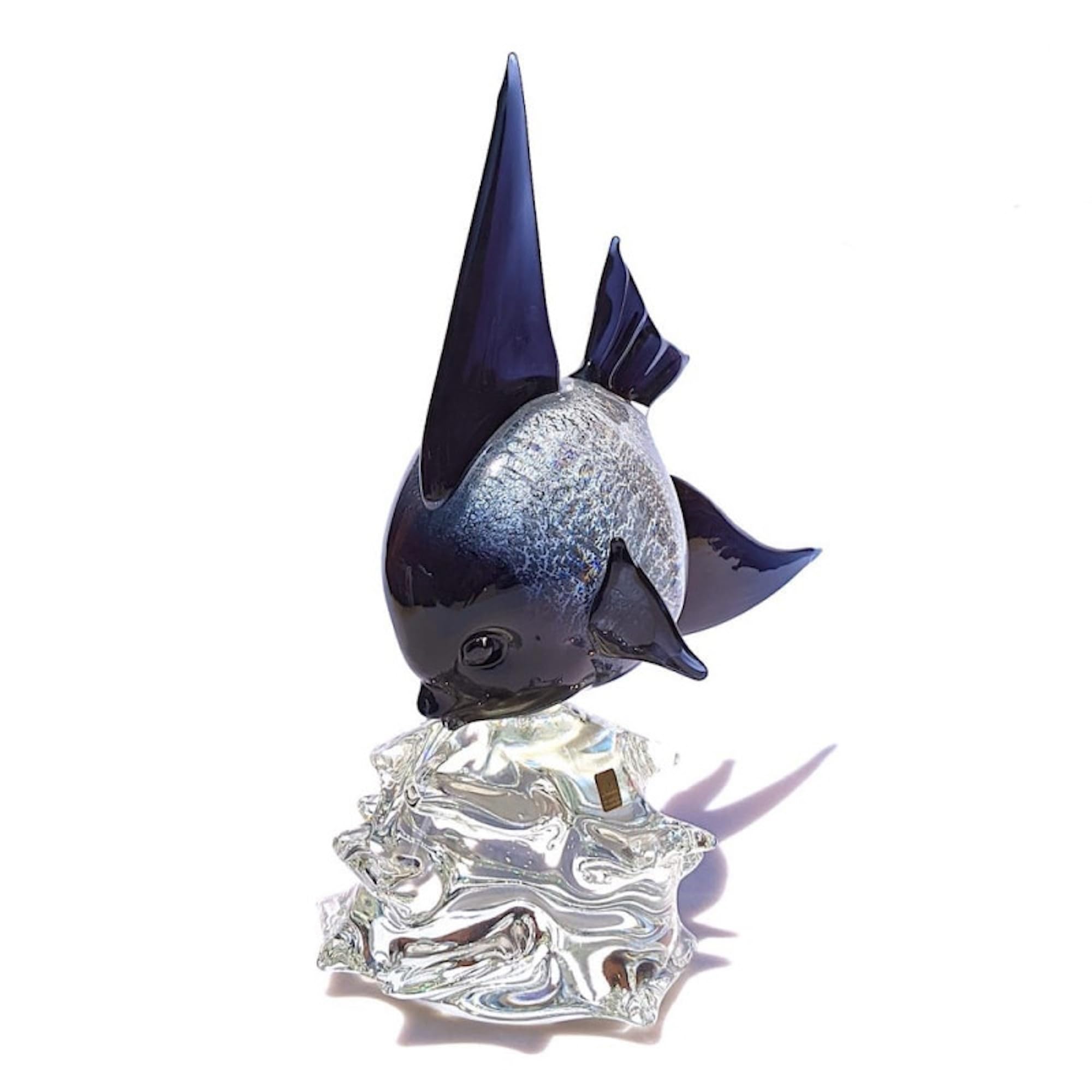 Scultura in Vetro di Murano di Pesce Angelo Tropicale Blu Argento, Figura Originale in Vetro Soffiato Made in Italy per Arredamento Casa, Marchio di Origine, YourMurano