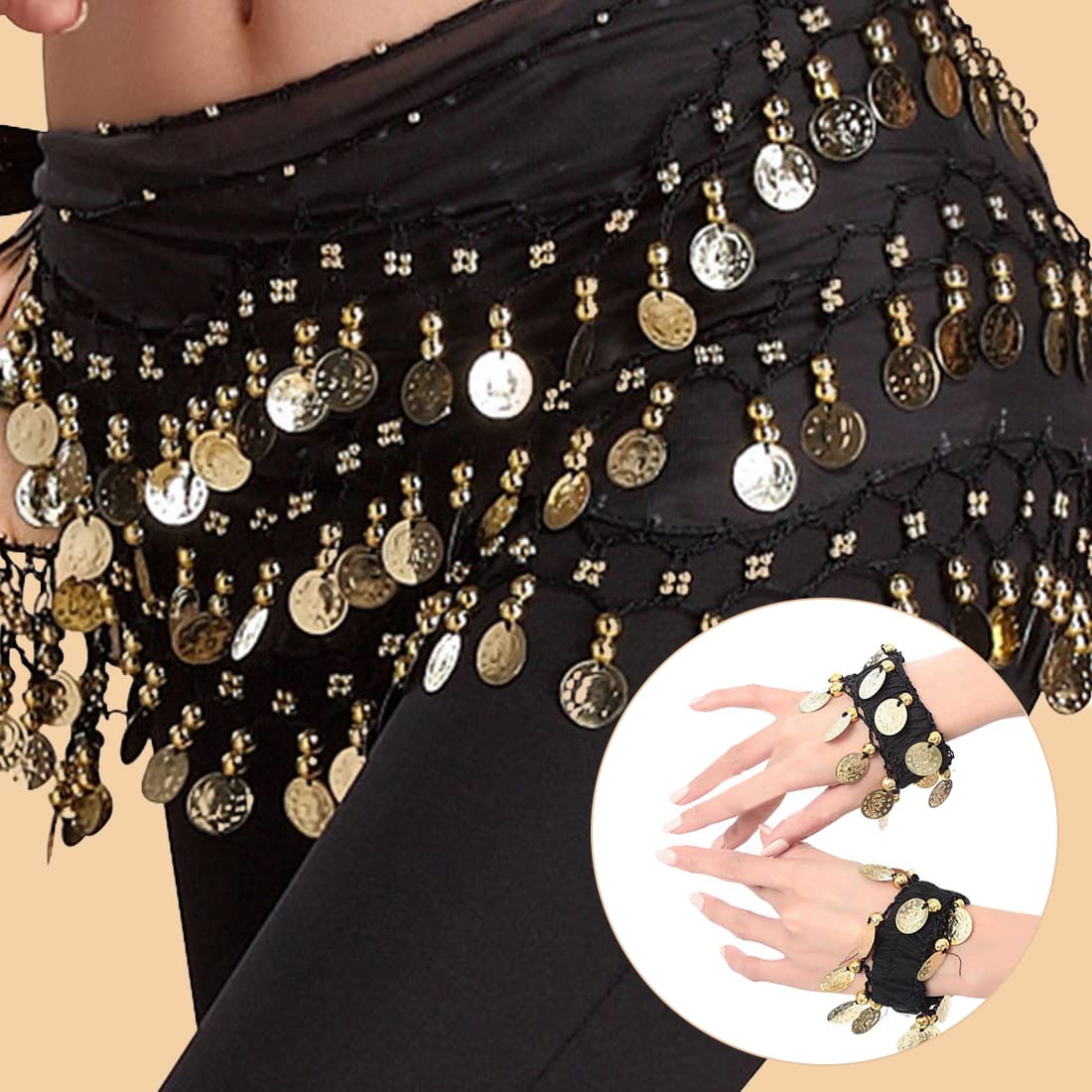 Bufandas de Cadera para Danza del Vientre, Faldas con Forma de Onda para Mujeres, Cinturón con Monedas y Brazaletes