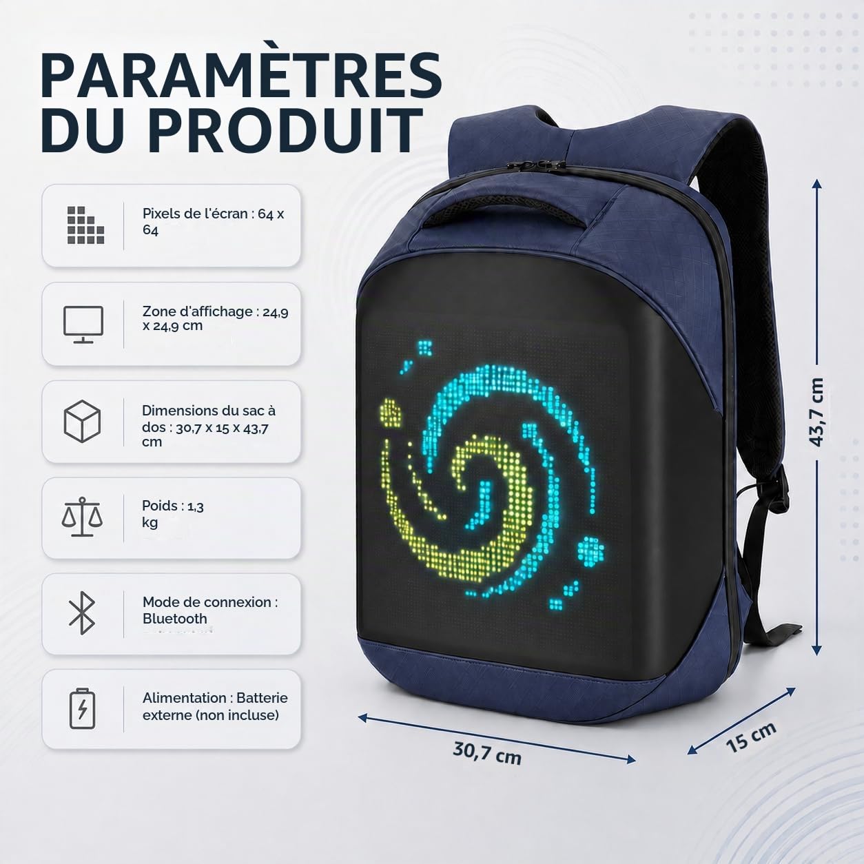 Sac à dos avec écran programmable, Sac à dos pour ordinateur portable avec contrôle APP, Étanche, Voyage, Sac pour moto,bleu(Pas de banque d'alimentation incluse)