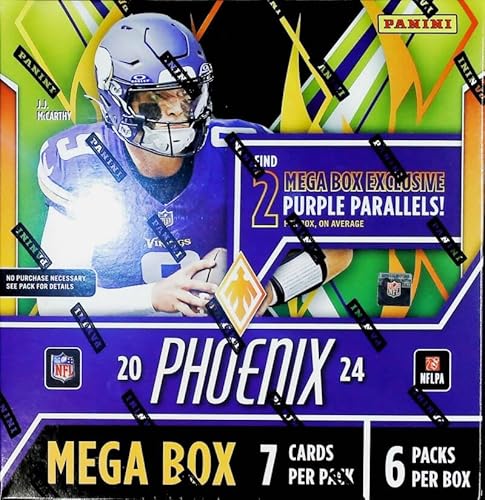 Panini 2024 Phoenix Football Factory Sealed MEGA Box (6 Packs of 7 Cards) Look for 2 Mega Exclusive Purple Parallels and possible Color Blast, Flex Inserts and Autographs. See scans for more details.