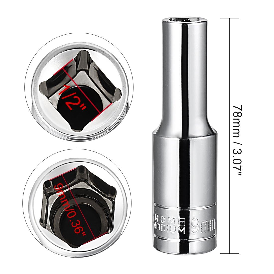TA-VIGOR 1/2 Inch Drive 9mm 6-Point Deep Socket, Metric, Cr-V Drive Socket (Polishing) for Auto Repairing and Household - Image 2