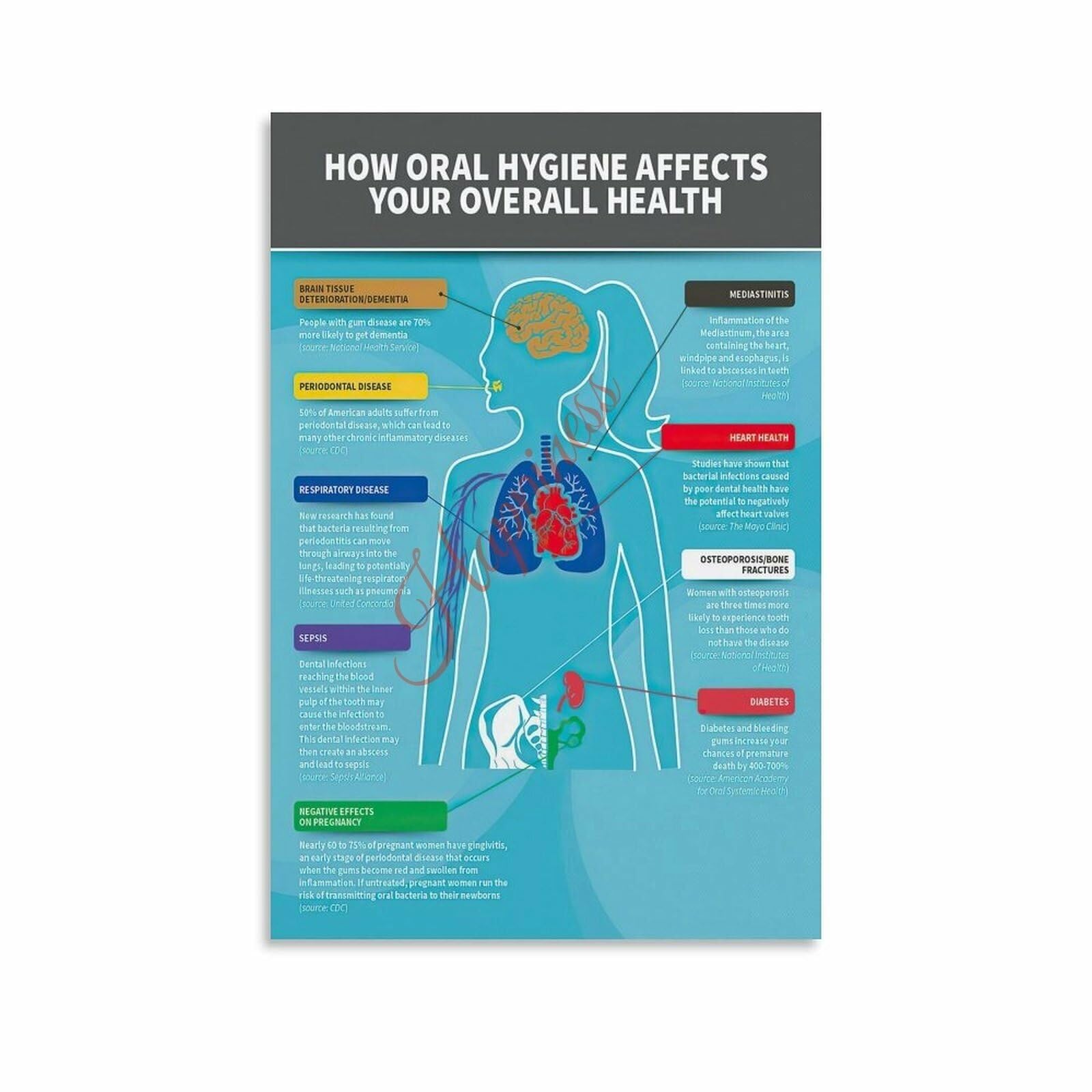 MCQWOMFQAK Oral Hygiene Overall Health Poster Dental Care Guide Wall Art(Framed,16x24inch(40x60cm))