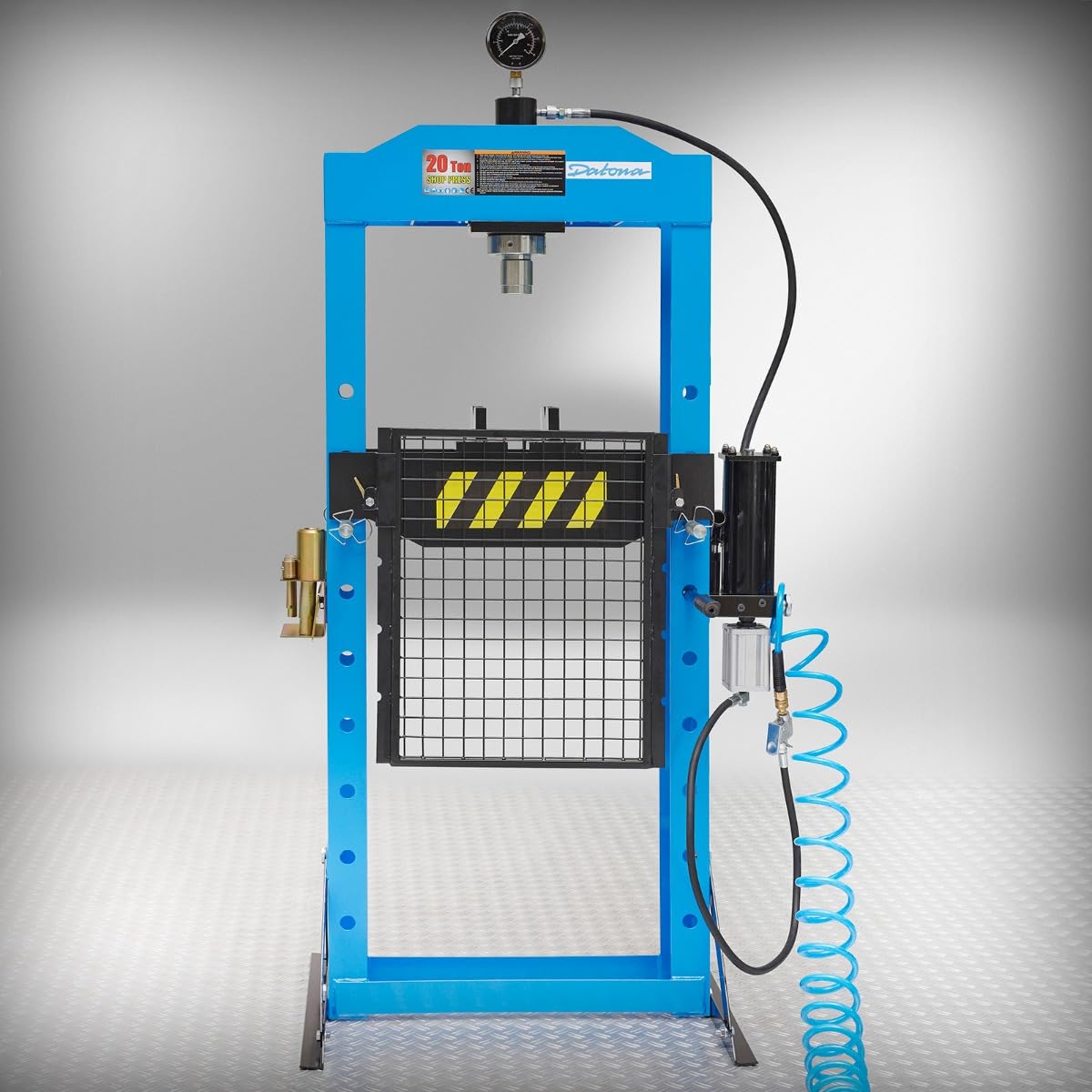 Datona Werkstattpresse 20 Tonnen hydropneumatisch mit Manometer fahrbarem Zylinder höhenverstellbarem Sicherheitskäfig und Hand- oder Druckluftbedienung für Werkstatt und Garage