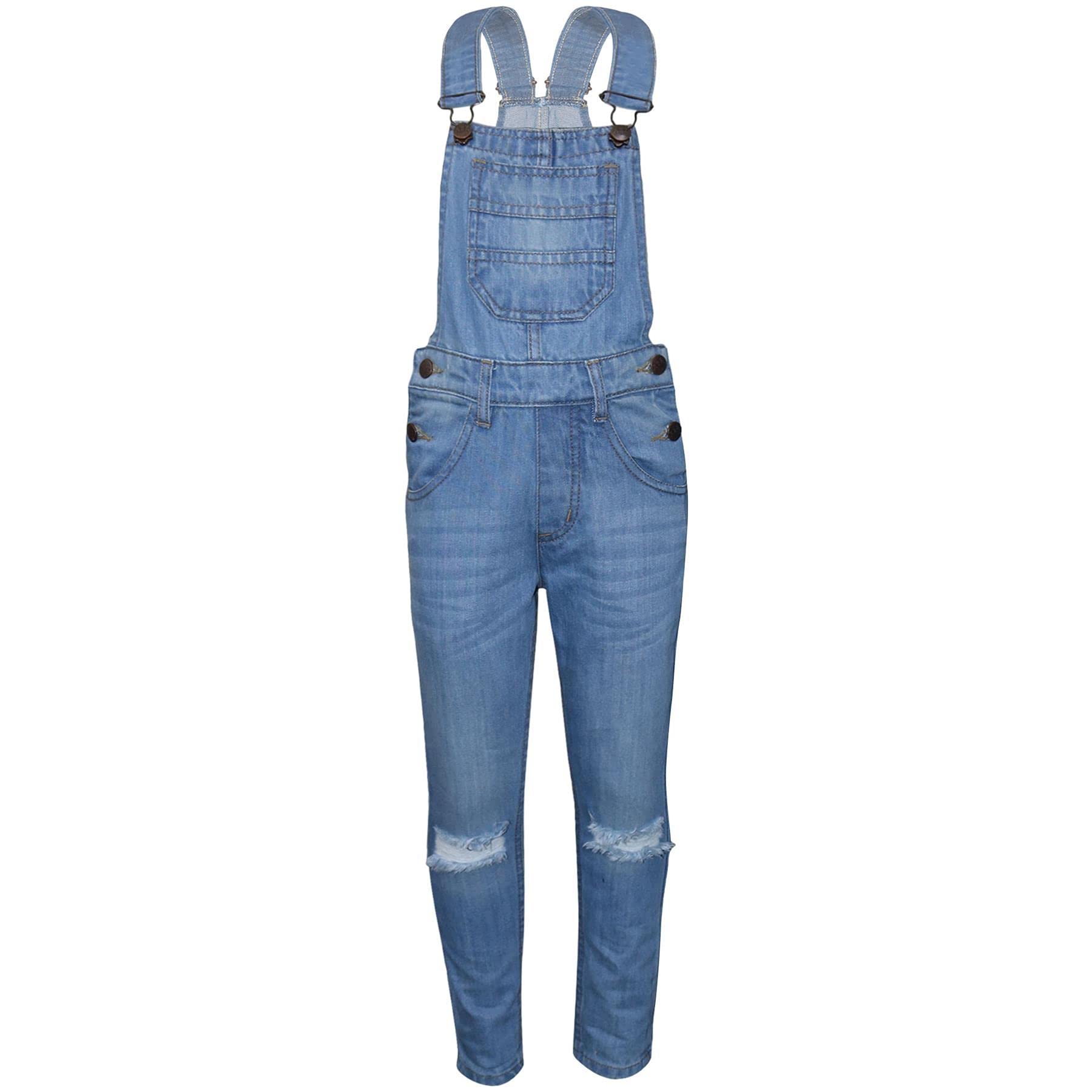 Kids Girls Denim Dungaree Knee Ripped Jeans Overall All in One Jumpsuit