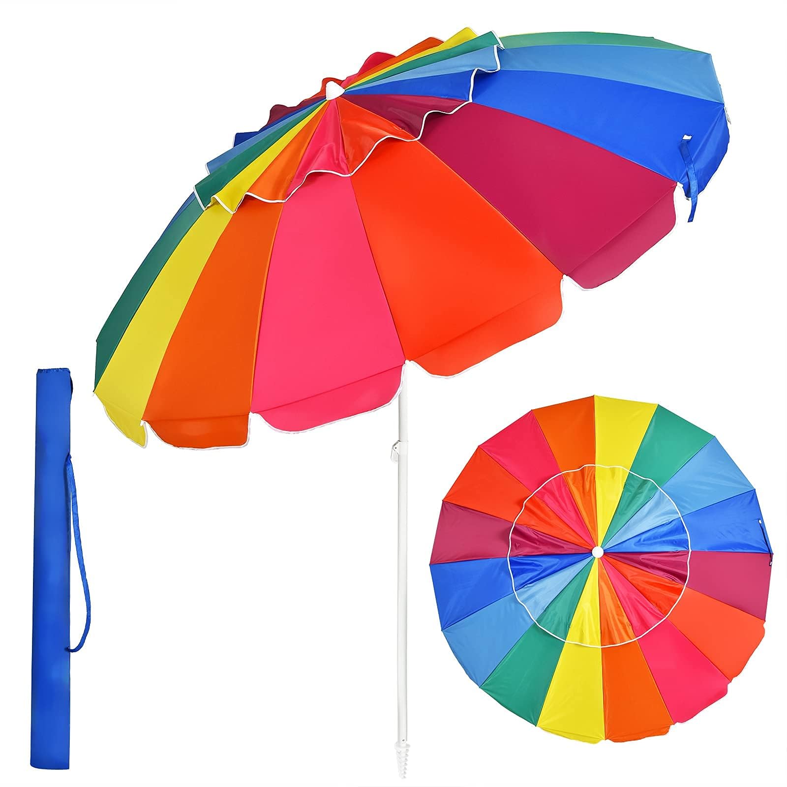 GYMAX Ombrellone da Spiaggia Antivento 220cm, Ombrellone da Mare Inclinabile e Portatile con Copertura Impermeabile e Resistente ai Raggi Solari UV, 16 Stecche (Colorato, 220CM)