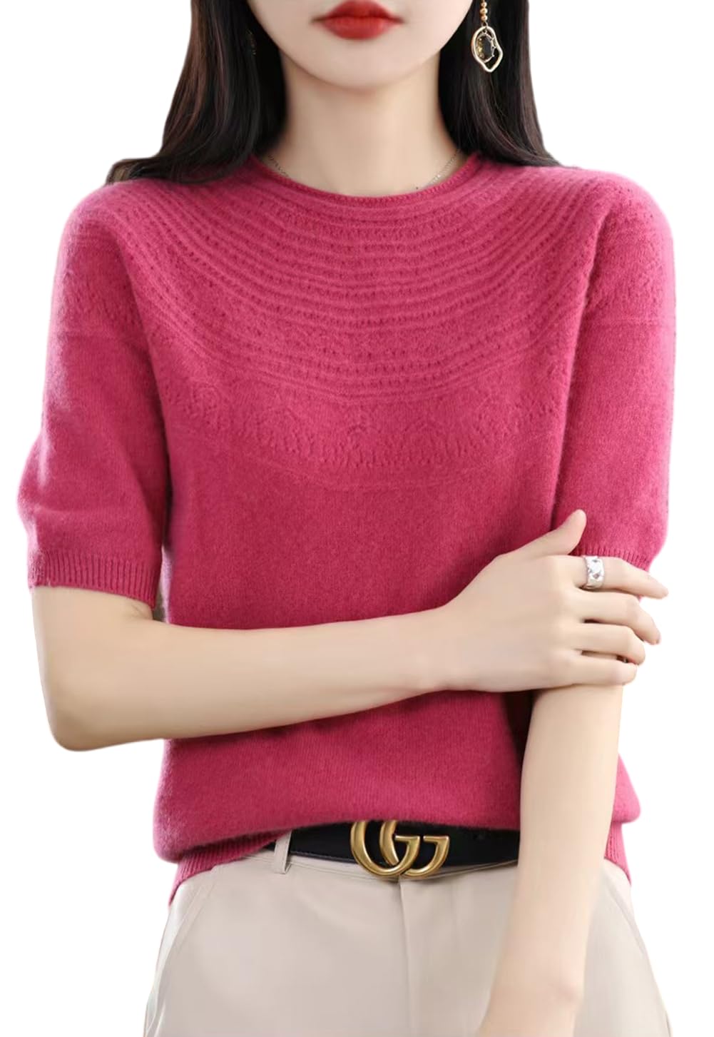 100 Merino Wool Sweaters for Womens Spring Summer Short Sleeved Knitted Pullover Crew Neck Thin Loose Vest WQ020